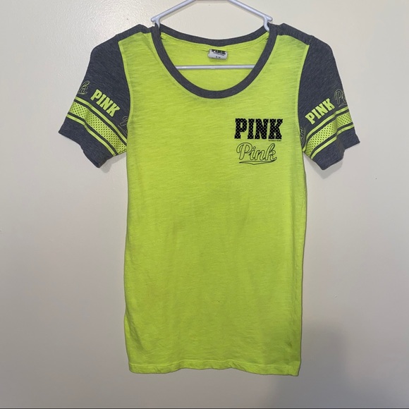 PINK Victoria's Secret Tops - Pink Tee Neon Yellow and Grey Size S